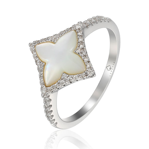 14 karat white gold 1.52 carat mother of pearl ring with .18 carat total weight of diamond accents. finger size is 6