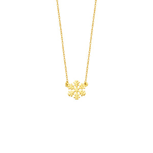 14 karat yellow gold mini snowflake necklace.  can be worn at 16" or 18"