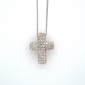 This Gorgeous Estate Cross Necklace Features 51 Diamonds set throughout the Cross, and Hung from a 18KW 16" Link Chain. Measures Approximately 20.0mm x 15.0mm  Approximate Total Diamond Weight .40 Carat