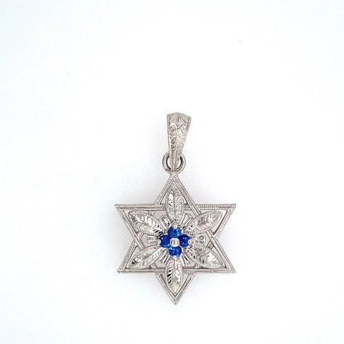 This Beautiful Unique 14 Karat White Gold Star of David Features an Etched Flower and Leaf Design with 4 Round Sapphires set into the Center. Lots of Detailed Workmanship, even on the Bail. Measures Approximately 21.0mm from Point to Point  Total Weight 3.42 Grams  Total Sapphire Weight .16 Carat