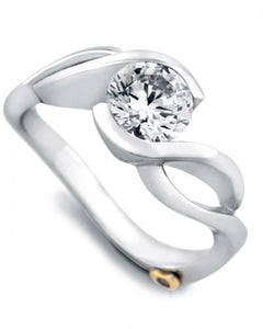 14 Karat White Gold "Fire" engagement ring designed by Mark Schneider, contains one .005 carat diamond. The Center half carat center stone is sold separately and not included in the price. The finger size is 6.5