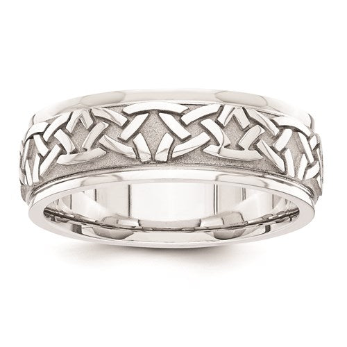 This 14 Karat White Gold Men's 7.0mm Wide Comfort Fit Band Features a Fancy Design.  Finger Size 10  Total Weight 10.2 Grams