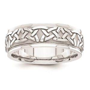 This 14 Karat White Gold Men's 7.0mm Wide Comfort Fit Band Features a Fancy Design.  Finger Size 10  Total Weight 10.2 Grams