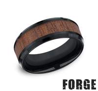 This Men's Comfort Fit Cobalt Black 8.0mm Alternative Metal Band Features Wood Inlay.  Finger Size 9.5