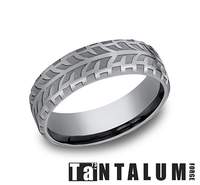 This Men's Tantalum Alternative Metal Comfort Fit 6.5mm Band Features a Tire Tread Design in a Grey Color.  Finger Size 10