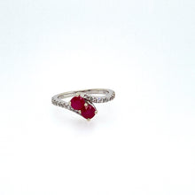 Load image into Gallery viewer, 2 Round Rubies Totaling .72 Carat are Centered into this 14 Karat White Gold Ring with .30dtw of White Sparkling Diamonds.  Finger Size 6.75
