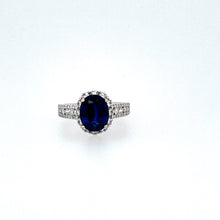 Load image into Gallery viewer, An Elegant Representation to this Natural No-Heat 2.87 Carat Sapphire (GIA Certificate) Gemstone. The Crown of the Sapphire is Brilliant Cut with the Pavilion being Step-Cut.  Set Around the Gemstone and Down the Sides of the Ring Mounting is a Total of 1.13 Carats of Sparkling White Diamonds  Finger Size 6 
