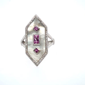 This Gorgeous Geometrical Shaped 14 Karat White Gold Ring Designed by Luvente Features a 3.45 Carat Mother of Pearl Flat Top with Three Bezel Set Pink Sapphire Gemstones (.51 Carat Total Weight), and 70 Round Diamonds (.18 Carat Total Weight) all the way around the Mother of Pearl.  The Split Shank is High Polished.  Finger Size 6  Total Weight 5.7 Grams 