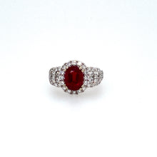 Load image into Gallery viewer, Vivid Red Describes the Color of this Oval Brilliant-Cut 2.45 Carat Burma Ruby Gemstone (GIA Certificate). The Gemstone is Embellished with a Diamond Halo and Diamonds on the Sides Totaling 1.18 Carats of Sparkle. Finger Size 6.5

