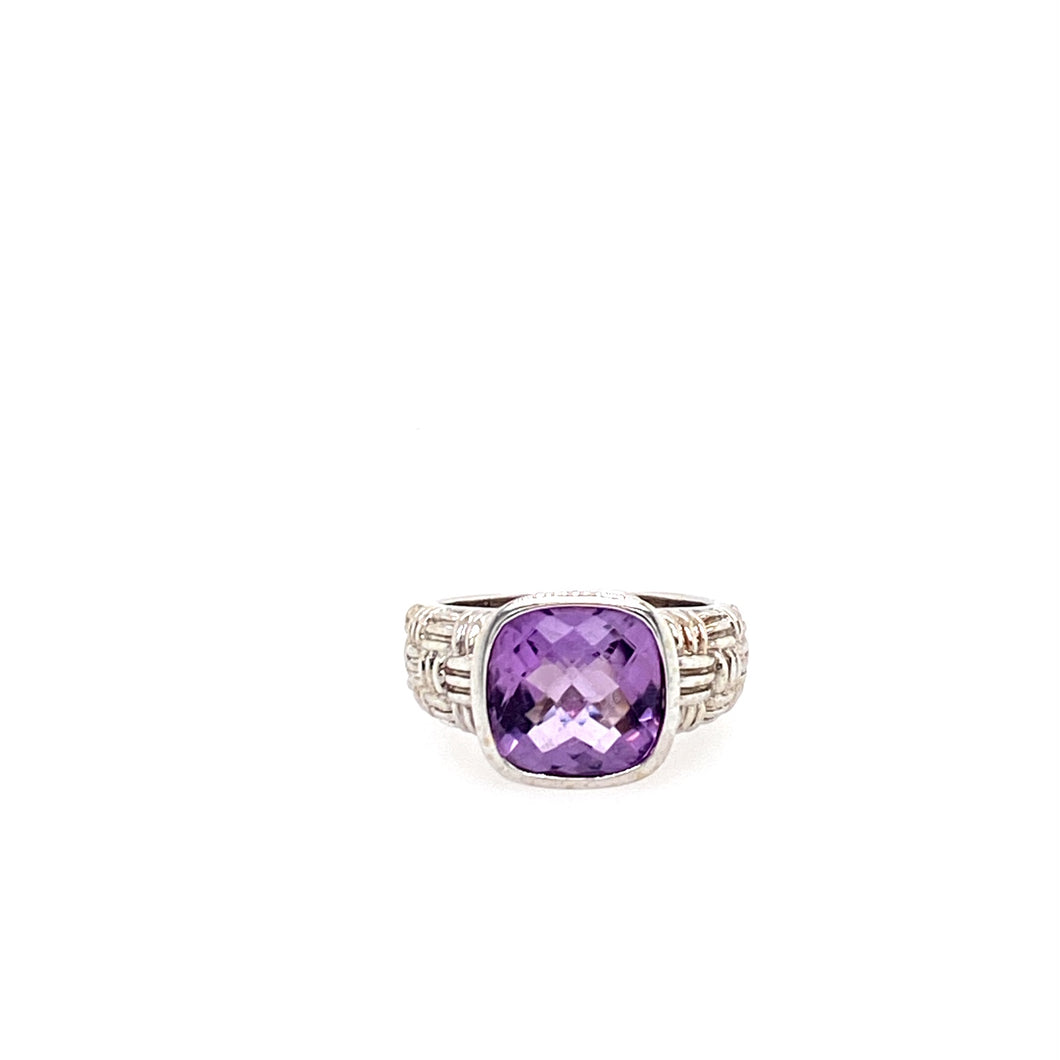 This Beautiful Cushion Cut Amethyst is Bezel set into a Wide Mounting with a Weave Design.  Total Weight is 7.0 Grams  Finger Size 5.75