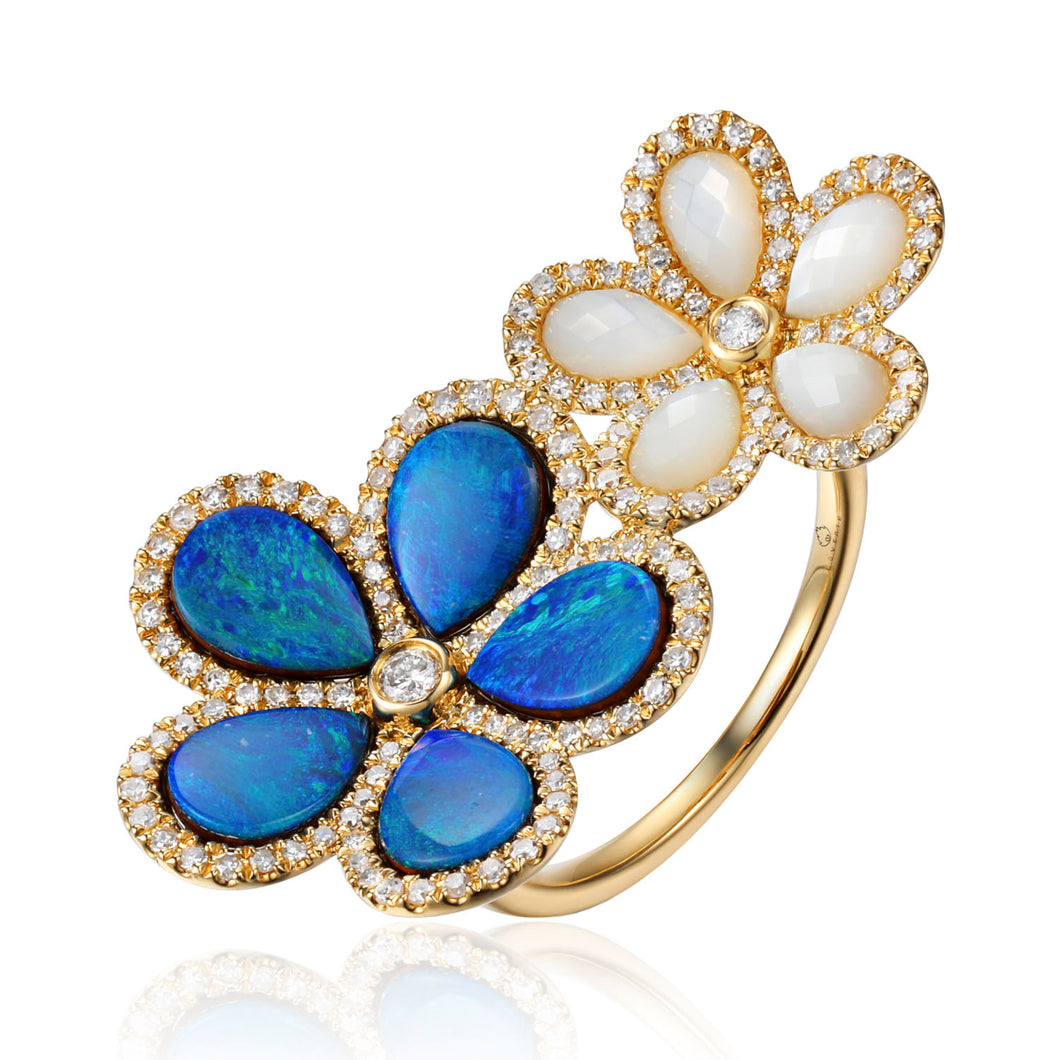 This Beautiful Designed Ring, made by Luvente, Features Two Flowers, Measuring 30.0mm Across, set with Pear Shaped Opals and Mother of Pearl, than Surrounded by 142 Sparkling White Diamonds. Total Opal Weight = 2.97 Carats  Total Mother of Pearl Weight = 1.17 Carats  Total Diamond Weight = .48 Carat  Finger Size 6.5  Total Weight 4.6 Grams