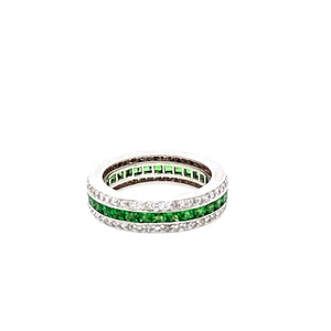 Nothing but Shimmer all the way around with this beautiful 18 Karat White Gold Tsavorite and Diamond Eternity Band, Featuring 2.09 Carats of Tsavorites and .81 Carat of Sparkly White Diamonds.  Finger Size 6.75