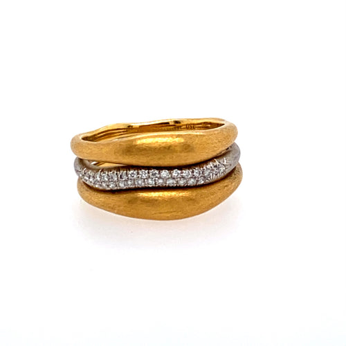 These 18 Karat Free Form Rings can Be Worn as One, or Two Bands, or Stack all three Together. The Plain Free Form Bands are 18 Karat Yellow Gold with a Matte Finish. The 18 Karat White Gold Free Form Band is Pave Set with Two Rows of Sparkling White Diamonds.   Finger Size is 6.25  Bands are all sold separately.