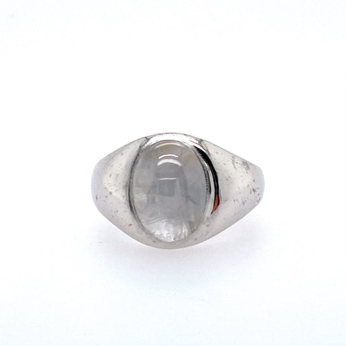 This Men's 14 Karat White Gold Estate Ring Features an Oval Gray Star Sapphire.  Finger Size 9.25  Total Weight 10.4 Grams 