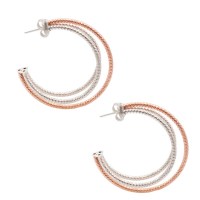 These Hoop Earrings are made with 2 Sterling Silver hoops along with a Rose Gold Plated Hoop for a Two tone Look. Secured with Posts and Backs. Designed by Frederic Duclos.