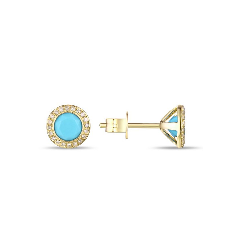 14 Karat Yellow Gold Turquoise Stud Earrings with a Diamond Halo