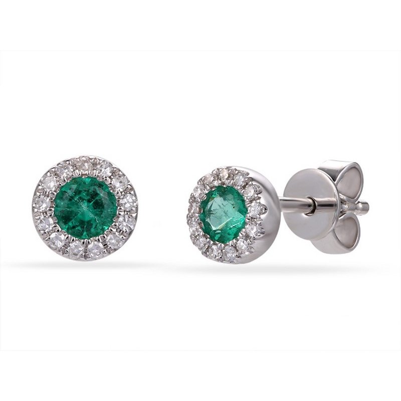 14 karat white gold emerald stud earrings with a diamond halo