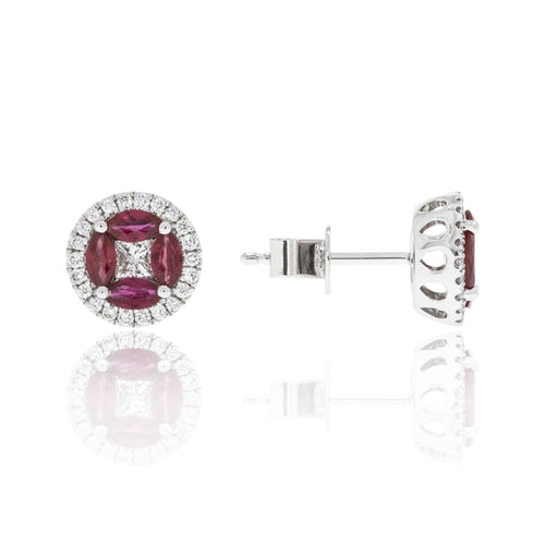 14 karat white gold .80ctw ruby and .43ctw diamond stud earrings