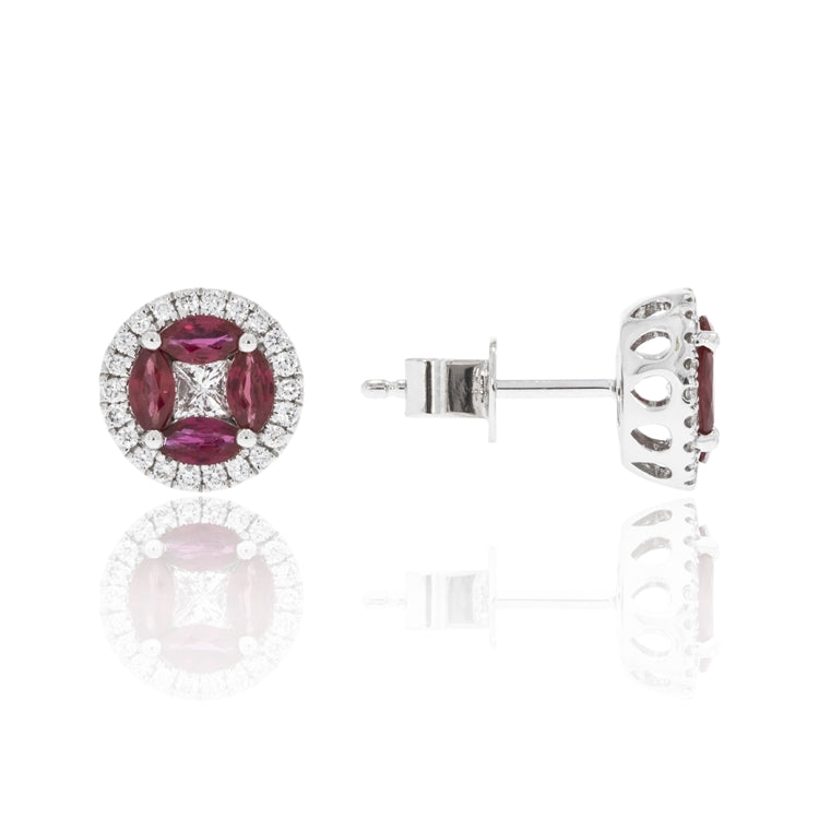 14 karat white gold .80ctw ruby and .43ctw diamond stud earrings