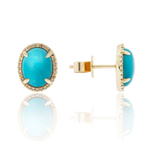 A Favorite Combo - 14 Karat Yellow Gold Oval 4.01ctw Turquoise Stud Earrings with .13ctw Diamond Halo