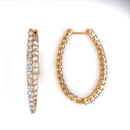 These 14 Karat Yellow Gold Oval Hoop Earrings Feature 2.30 Total Carat Weight of White Round Sparkling Diamonds. The Earrings are Secure with a Click in Closure.  Total Weight 6.9 Grams