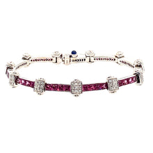 Load image into Gallery viewer, Pretty in Pink with this Estate Bracelet. This 18 Karat White Gold Charriol Flamme Blanche Bracelet Channels in 5.2ctw of Pink Sapphires and 2.97ctw of VS Diamonds. The Custom made Clasp includes a hidden safety.   Length is 7&quot;  Total Weight is 25.6 Grams
