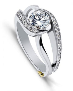 14 Karat White Gold "Cascade" engagement ring designed by Mark Schneider, contains 39 diamonds totaling .195 Carat. The Center stone is sold separately and is not included in the price. Finger size is 6.5