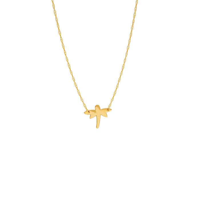 14 karat yellow gold dainty dragonfly mini necklace that can be worn at 16