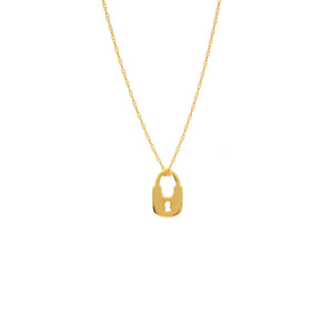 14 karat yellow gold lock mini necklace which can be worn at 16" or 18"