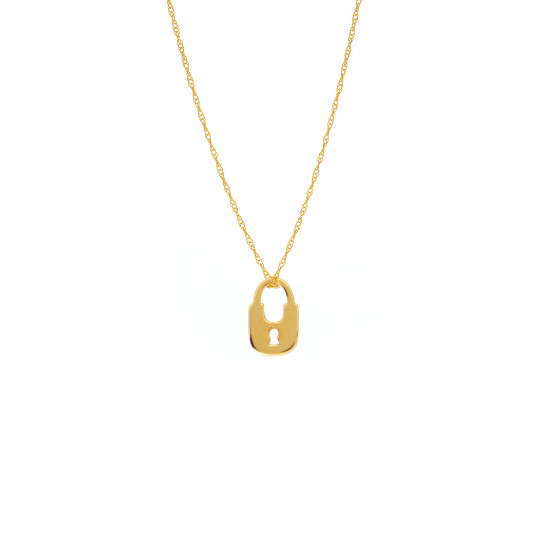 14 karat yellow gold lock mini necklace which can be worn at 16