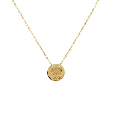 14 karat yellow  gold mama bear disc necklace - mini- can be worn at 16
