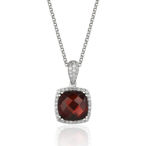 14 karat white gold 2.88 carat garnet pendant necklace surrounded by .20 carat total weight of diamonds.  adjustable chain to 18
