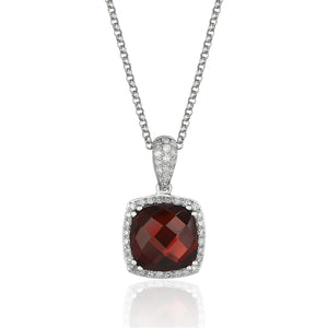 14 karat white gold 2.88 carat garnet pendant necklace surrounded by .20 carat total weight of diamonds.  adjustable chain to 18"