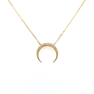 This Pretty 14 Karat Yellow Gold Necklace, made by Luvente, Features a Stationary 18.0mm Wide "Moon", Holding 61 Round Sparkling Diamonds. The 18" Yellow Gold Adjustable Link Chain is Secured with a Lobster Clasp.   Total diamond Weight = .15 Carat
