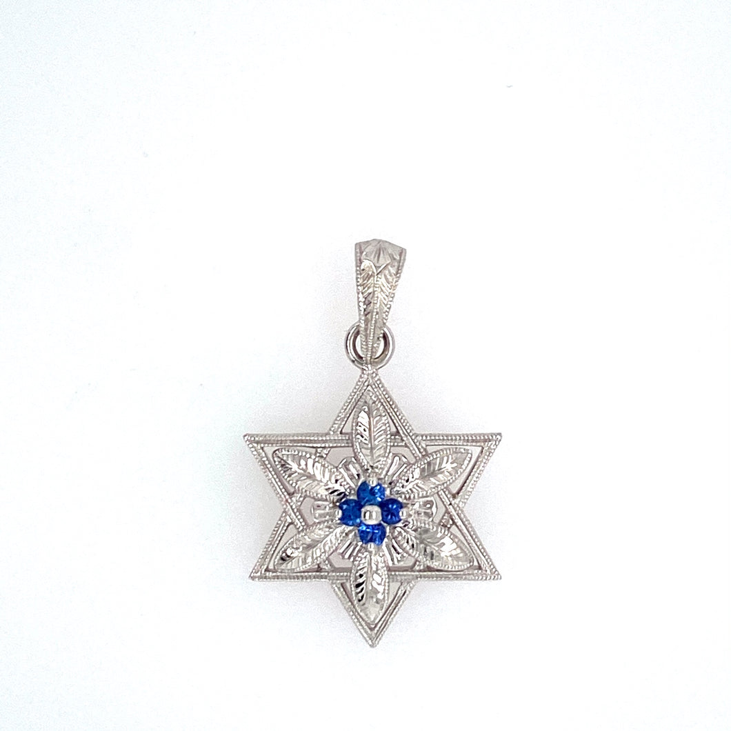 This Beautiful Unique 14 Karat White Gold Star of David Features an Etched Flower and Leaf Design with 4 Round Sapphires set into the Center. Lots of Detailed Workmanship, even on the Bail. Measures Approximately 21.0mm from Point to Point  Total Weight 3.42 Grams  Total Sapphire Weight .16 Carat