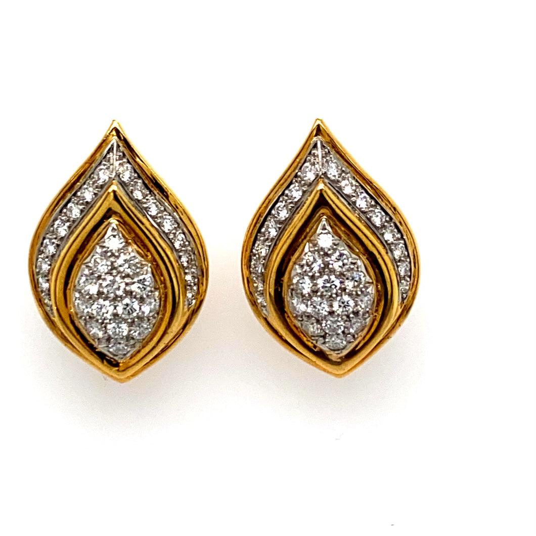 These Dreamy Estate 18 Karat Yellow Gold Earrings Feature a Double Marquis Shape with 2.50 Carats of VS Diamonds.  The Earrings are Secured with Omega Backs.  Total Diamond Weight 2.50 Carats  Total Weight 23.0 Grams  All Estate pieces have Approximate Weights 