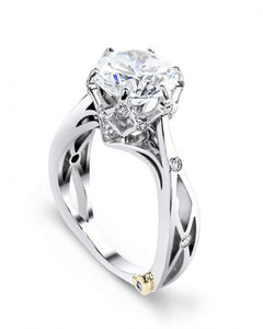14 Karat White Gold "Sacred" engagement ring, designed by Mark Schneider, contains 17 diamonds totaling .105 carat. The 1 Carat center stone is sold separately and not included in the price. Finger size is 6.5 