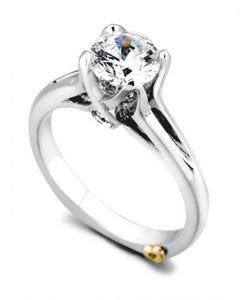 14 Karat White Gold "Exquisite" Engagement Ring contains 3 diamonds, totaling .085 carat total weight. the center stone is sold separately and not included in the price. The finger size is 6.5. the ring is designed by Mark Schneider 