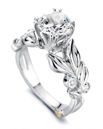 14 Karat White Gold Flora engagement ring designed by Mark Schneider, contains 5 bezel set diamonds.  the center stone is not included and is sold separately. Finger size is 6.5