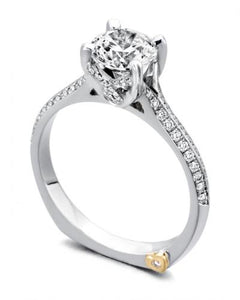 The 14 Karat White Gold "Je T'aime engagement ring contains 63 diamonds, totaling .26 Carat.  the Center stone is sold separately and is not included in the price. Finger size is 6.5. Designed by Mark Schneider