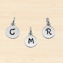 Load image into Gallery viewer, mommy chic &quot;initial&quot; charms in a round shaped disc. made in sterling silver 
